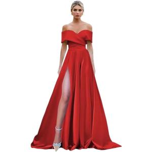 imageOff Shoulder Split Prom Dresses Long Satin Ball Gown Floor Length Formal Dress Evening Gowns Simple Wedding Dress for WomenRed