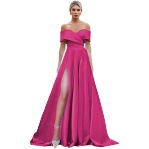 imageOff Shoulder Split Prom Dresses Long Satin Ball Gown Floor Length Formal Dress Evening Gowns Simple Wedding Dress for WomenRose Red