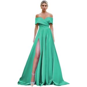 imageOff Shoulder Split Prom Dresses Long Satin Ball Gown Floor Length Formal Dress Evening Gowns Simple Wedding Dress for WomenTurquoise