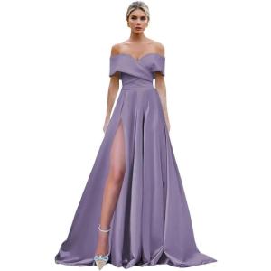 imageOff Shoulder Split Prom Dresses Long Satin Ball Gown Floor Length Formal Dress Evening Gowns Simple Wedding Dress for WomenWisteria