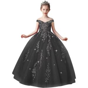 imageOff Shoulder Tulle Pageant Dress Lace Applique Flower Girl Dress Ball Gown Toddler Kids Birthday Party DressBlack