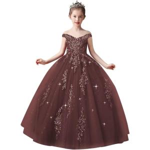 imageOff Shoulder Tulle Pageant Dress Lace Applique Flower Girl Dress Ball Gown Toddler Kids Birthday Party DressBurgundy