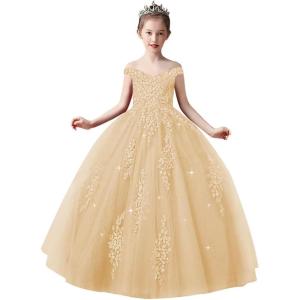 imageOff Shoulder Tulle Pageant Dress Lace Applique Flower Girl Dress Ball Gown Toddler Kids Birthday Party DressChampagne