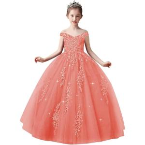 imageOff Shoulder Tulle Pageant Dress Lace Applique Flower Girl Dress Ball Gown Toddler Kids Birthday Party DressCoral