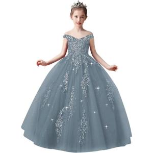 imageOff Shoulder Tulle Pageant Dress Lace Applique Flower Girl Dress Ball Gown Toddler Kids Birthday Party DressDusty Blue