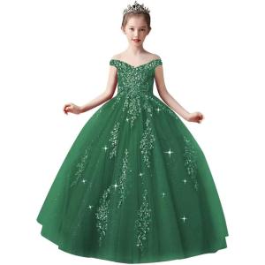 imageOff Shoulder Tulle Pageant Dress Lace Applique Flower Girl Dress Ball Gown Toddler Kids Birthday Party DressEmerald Green