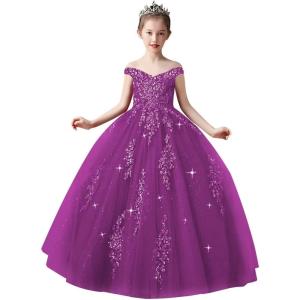 imageOff Shoulder Tulle Pageant Dress Lace Applique Flower Girl Dress Ball Gown Toddler Kids Birthday Party DressFuchsia