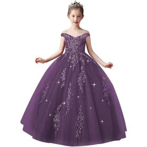 imageOff Shoulder Tulle Pageant Dress Lace Applique Flower Girl Dress Ball Gown Toddler Kids Birthday Party DressGrape