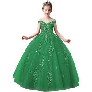 imageOff Shoulder Tulle Pageant Dress Lace Applique Flower Girl Dress Ball Gown Toddler Kids Birthday Party DressGreen