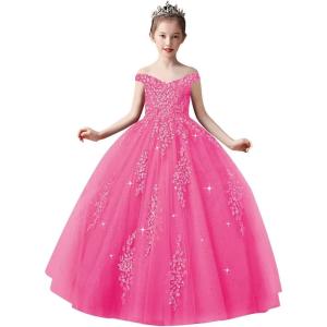 imageOff Shoulder Tulle Pageant Dress Lace Applique Flower Girl Dress Ball Gown Toddler Kids Birthday Party DressHot Pink