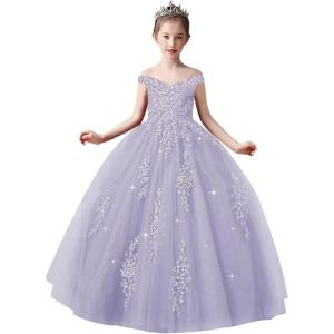 imageOff Shoulder Tulle Pageant Dress Lace Applique Flower Girl Dress Ball Gown Toddler Kids Birthday Party DressLavender
