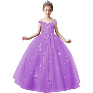 imageOff Shoulder Tulle Pageant Dress Lace Applique Flower Girl Dress Ball Gown Toddler Kids Birthday Party DressLilac