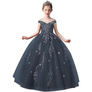 imageOff Shoulder Tulle Pageant Dress Lace Applique Flower Girl Dress Ball Gown Toddler Kids Birthday Party DressNavy Blue