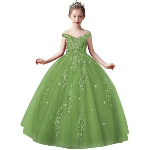 imageOff Shoulder Tulle Pageant Dress Lace Applique Flower Girl Dress Ball Gown Toddler Kids Birthday Party DressOlive