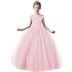 imageOff Shoulder Tulle Pageant Dress Lace Applique Flower Girl Dress Ball Gown Toddler Kids Birthday Party DressPink