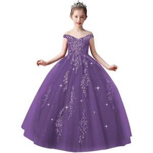 imageOff Shoulder Tulle Pageant Dress Lace Applique Flower Girl Dress Ball Gown Toddler Kids Birthday Party DressPurple