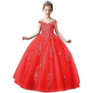 imageOff Shoulder Tulle Pageant Dress Lace Applique Flower Girl Dress Ball Gown Toddler Kids Birthday Party DressRed