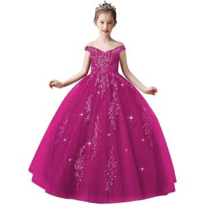 imageOff Shoulder Tulle Pageant Dress Lace Applique Flower Girl Dress Ball Gown Toddler Kids Birthday Party DressRose Red