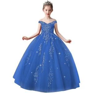 imageOff Shoulder Tulle Pageant Dress Lace Applique Flower Girl Dress Ball Gown Toddler Kids Birthday Party DressRoyal Blue