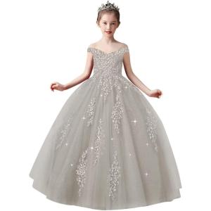 imageOff Shoulder Tulle Pageant Dress Lace Applique Flower Girl Dress Ball Gown Toddler Kids Birthday Party DressSilver