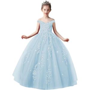 imageOff Shoulder Tulle Pageant Dress Lace Applique Flower Girl Dress Ball Gown Toddler Kids Birthday Party DressSky Blue