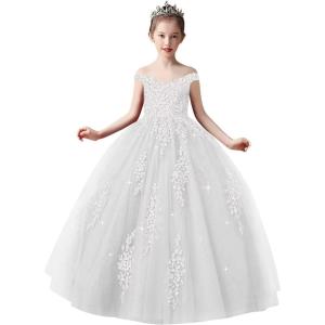 imageOff Shoulder Tulle Pageant Dress Lace Applique Flower Girl Dress Ball Gown Toddler Kids Birthday Party DressWhite