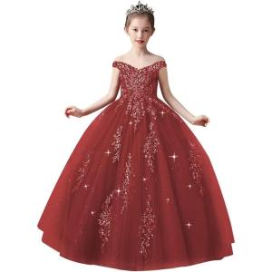 imageOff Shoulder Tulle Pageant Dress Lace Applique Flower Girl Dress Ball Gown Toddler Kids Birthday Party DressWine Red