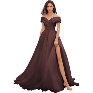 imageOff Shoulder Tulle Prom Dresses for Women Ball Gown ALine Wedding Dress Split Formal Evening DressBurgundy