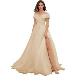 imageOff Shoulder Tulle Prom Dresses for Women Ball Gown ALine Wedding Dress Split Formal Evening DressChampagne