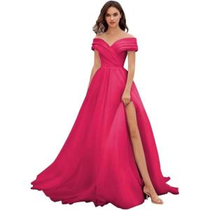 imageOff Shoulder Tulle Prom Dresses for Women Ball Gown ALine Wedding Dress Split Formal Evening DressFuchsia