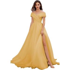 imageOff Shoulder Tulle Prom Dresses for Women Ball Gown ALine Wedding Dress Split Formal Evening DressGold