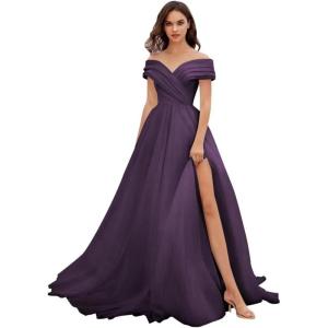 imageOff Shoulder Tulle Prom Dresses for Women Ball Gown ALine Wedding Dress Split Formal Evening DressGrape