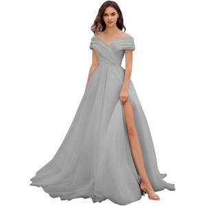 imageOff Shoulder Tulle Prom Dresses for Women Ball Gown ALine Wedding Dress Split Formal Evening DressGrey