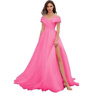 imageOff Shoulder Tulle Prom Dresses for Women Ball Gown ALine Wedding Dress Split Formal Evening DressHot Pink