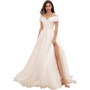 imageOff Shoulder Tulle Prom Dresses for Women Ball Gown ALine Wedding Dress Split Formal Evening DressIvory