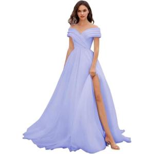 imageOff Shoulder Tulle Prom Dresses for Women Ball Gown ALine Wedding Dress Split Formal Evening DressLavender