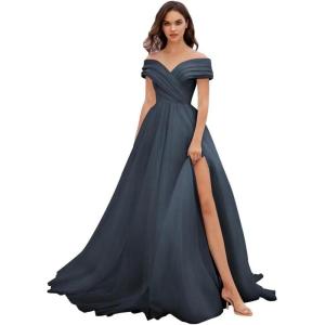 imageOff Shoulder Tulle Prom Dresses for Women Ball Gown ALine Wedding Dress Split Formal Evening DressNavy Blue