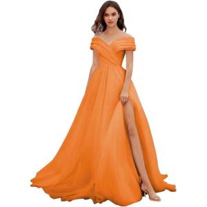 imageOff Shoulder Tulle Prom Dresses for Women Ball Gown ALine Wedding Dress Split Formal Evening DressOrange