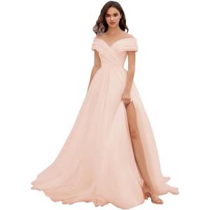 imageOff Shoulder Tulle Prom Dresses for Women Ball Gown ALine Wedding Dress Split Formal Evening DressPeach