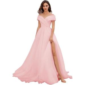 imageOff Shoulder Tulle Prom Dresses for Women Ball Gown ALine Wedding Dress Split Formal Evening DressPink