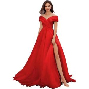 imageOff Shoulder Tulle Prom Dresses for Women Ball Gown ALine Wedding Dress Split Formal Evening DressRed