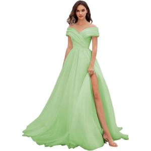 imageOff Shoulder Tulle Prom Dresses for Women Ball Gown ALine Wedding Dress Split Formal Evening DressSage