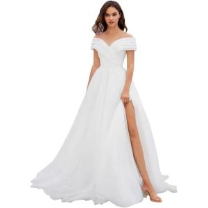 imageOff Shoulder Tulle Prom Dresses for Women Ball Gown ALine Wedding Dress Split Formal Evening DressWhite