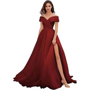 imageOff Shoulder Tulle Prom Dresses for Women Ball Gown ALine Wedding Dress Split Formal Evening DressWine Red