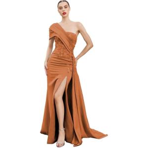 imageOne Shoulder Appliques Bridesmaid Dresses Mermaid Prom Dress with Slit Satin Formal Gown for WeddingBurnt Orange