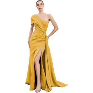 imageOne Shoulder Appliques Bridesmaid Dresses Mermaid Prom Dress with Slit Satin Formal Gown for WeddingGold