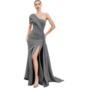 imageOne Shoulder Appliques Bridesmaid Dresses Mermaid Prom Dress with Slit Satin Formal Gown for WeddingGrey