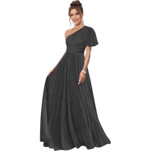imageOne Shoulder Bridesmaid Dresses for Women Long Short Sleeve Pleated Chiffon Formal Evening GownsBlack