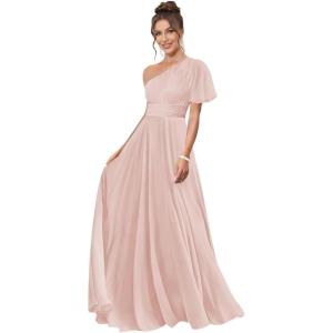 imageOne Shoulder Bridesmaid Dresses for Women Long Short Sleeve Pleated Chiffon Formal Evening GownsBlush