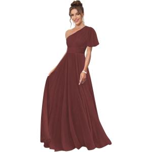 imageOne Shoulder Bridesmaid Dresses for Women Long Short Sleeve Pleated Chiffon Formal Evening GownsBurgundy